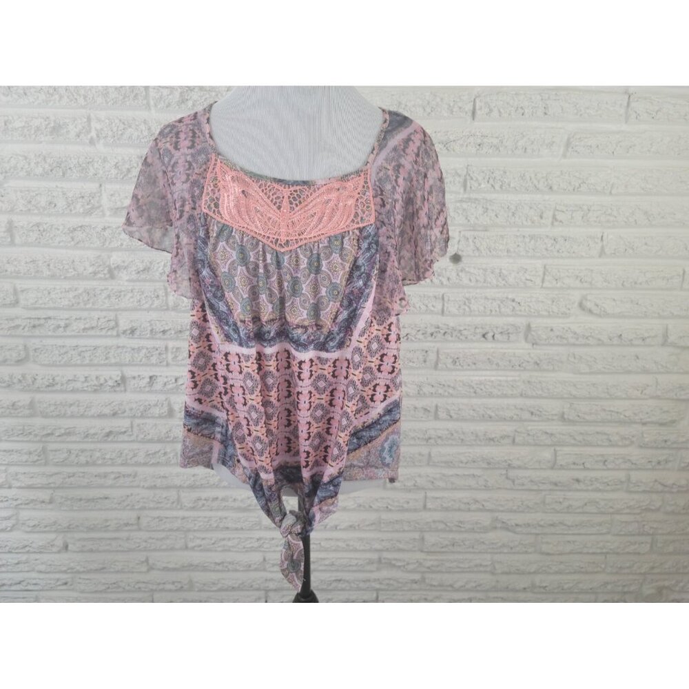 Energe World Wear 1X Pink Top Flutter Sleeve Crochet Studded Sheer GEO310E